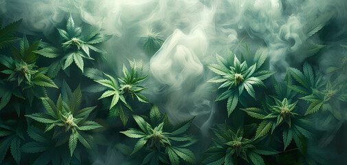 cannabis plant with dark smoke background - obrazy, fototapety, plakaty
