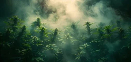 Zelfklevend Fotobehang cannabis plant with dark smoke background © Hamsyfr