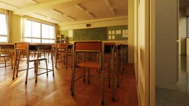 西日が差し込む放課後の廊下〜教室 / ドリーショット / スクールライフ・学園ロケーション・青春とノスタルジーのモーションイメージ / 3Dレンダリング