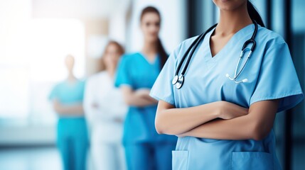 Medical team standing lined up in a hospital, team work and patient trust