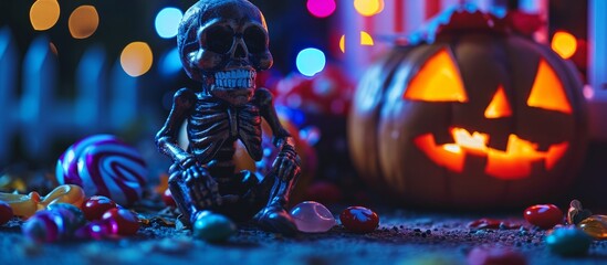 A skeleton is sitting in the darkness next to a carved pumpkin and candy, surrounded by purple, electric blue, and magenta liquid. The scene is captured in a fun artistic macro photography event