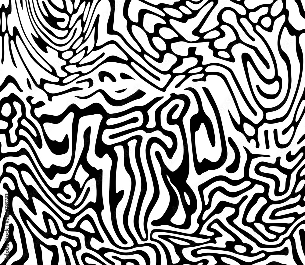 Poster glitched distorted op art pattern. abstract black and white geometric background with curved lines.