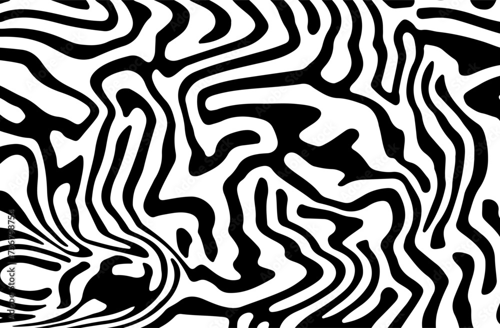 Poster Glitched distorted op art pattern. Abstract black and white geometric background with curved lines.