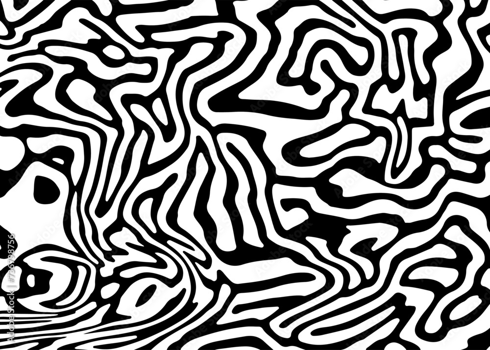 Poster glitched distorted op art pattern. abstract black and white geometric background with curved lines.