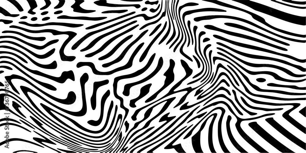 Poster Glitched distorted op art pattern. Abstract black and white geometric background with curved lines.