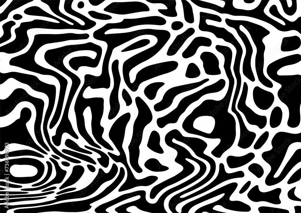 Poster Glitched distorted op art pattern. Abstract black and white geometric background with curved lines.