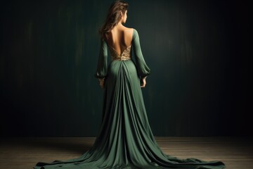 Beautiful woman in a long green dress on a dark background. a beautiful woman in a green dress with a flowing green fabric Ai generated