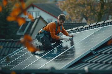 Worker installs solar panels on the roof of a private house