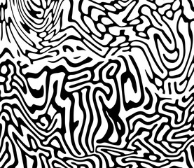Glitched distorted op art pattern. Abstract black and white geometric background with curved lines.
