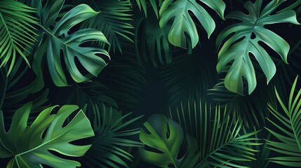 Fototapeta na wymiar Close up of green palm leafs on a dark green background