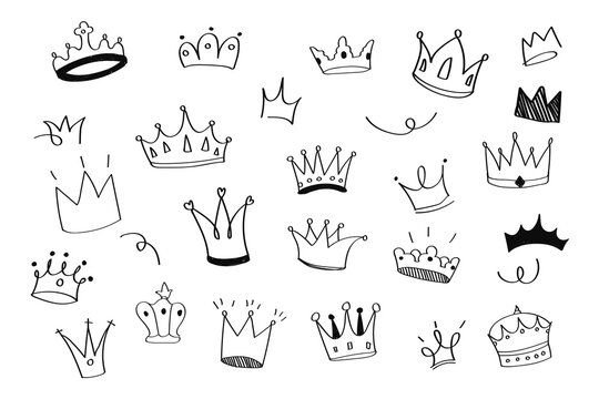 Hand drawn sketch crown, Simple graffiti crowning, elegant queen or king crowns. Vector illustration set