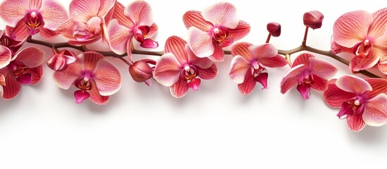A row of pink orchids displayed on a white background, showcasing the delicate petals and vibrant magenta hues of the flowers