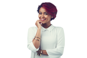 Smile, business and portrait of woman with confidence, creative and isolated on transparent png background. Entrepreneur, designer or young professional with ambition, pride or happy face of girl