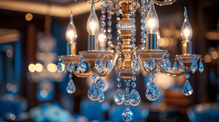 A closeup of a stunning chandelier featuring cascading crystals and intricate metalwork adds a touch of elegance to a dining room. - obrazy, fototapety, plakaty