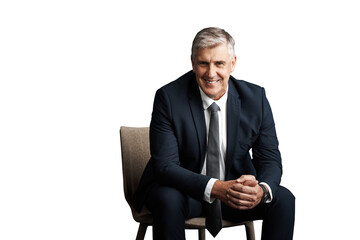 Happy, senior and portrait of business man on chair on isolated, PNG and transparent background. Professional, corporate manager and mature person sitting with confidence, career and company pride