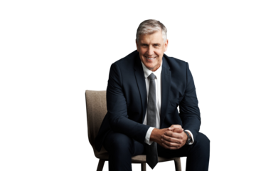 Happy, senior and portrait of business man on chair on isolated, PNG and transparent background. Professional, corporate manager and mature person sitting with confidence, career and company pride
