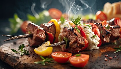Shish Kebab, grill, steam capture culinary delight. Grilled skewers with vegetables rest on slate, smoke rising, fire in background, enhancing flavor and aroma.