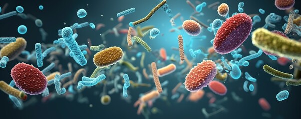 Floating of microscopic bacteria molecule, virus or germs illustration, human immune - obrazy, fototapety, plakaty
