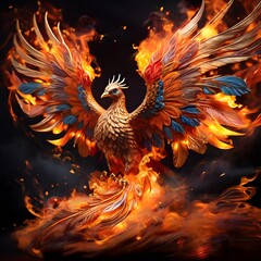 A stunning phoenix tattoo, with fiery wings ablaze in vibrant orange, red, and gold hues, creates a mesmerizing spectacle of power and rebirth. The high-resolution image showcases Generative AI