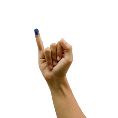 Close up of hand gesture little finger after voting. zgeneral elections or Pemilu for the president and goverment of indonesia. The finger dipped in blue ink. isolated image on white background
