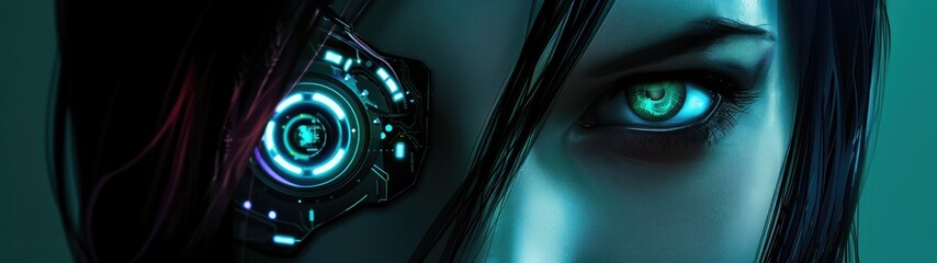 Obraz na płótnie Canvas Eye close-up of an android girl. Cybernetic vision. AI cyber man 2.0 concept