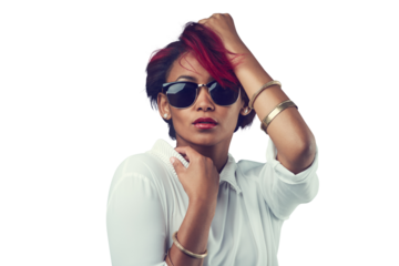 Fashion, confident and face of woman with sunglasses on isolated, png and transparent background. Attractive, attitude and person with red hair in stylish outfit, trendy accessories or casual clothes