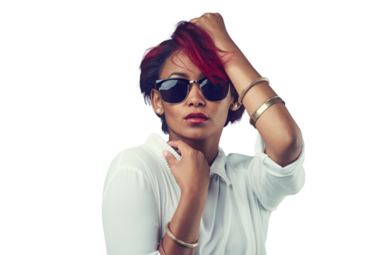 Fashion, confident and face of woman with sunglasses on isolated, png and transparent background. Attractive, attitude and person with red hair in stylish outfit, trendy accessories or casual clothes - Powered by Adobe