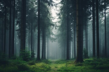 A calm, misty forest during early morning hours