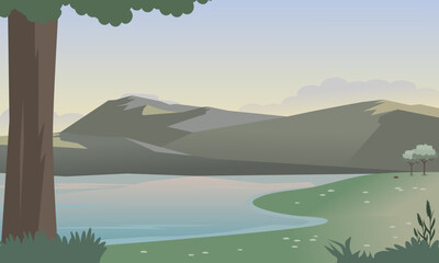 Mountain and lake landscape with green meadows and trees in the morning or afternoon. vector illustration.
