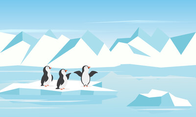 Arctic landscape with penguins, iceberg, and snow. Vector illustration.