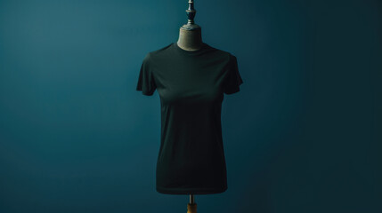 Obraz premium Blank black T-shirt hanging on a dark background. Clothes concept. Layout.