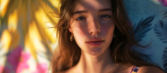 A close up of a woman with layered hair laying on a bed, making a gesture towards the camera. Her nose, jaw, eyelashes, and flesh are visible, creating a fun and intimate scene