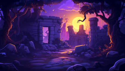 Game Asset, Mystical Ruins at Sunset in a Fantasy Forest