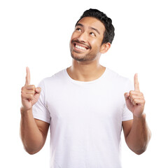 Smile, man and pointing up for presentation, information and isolated on a transparent png...