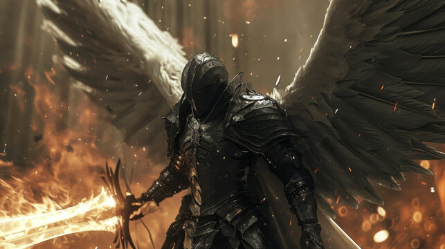 A fierce seraphim wearing a suit of glistening black armor and wielding a spear of holy fire.