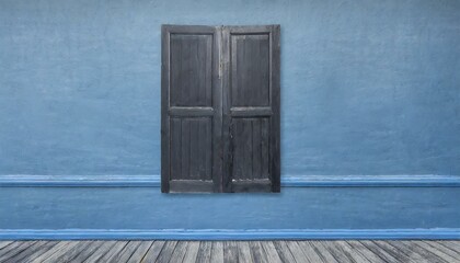 Black door in a blue wall. Generative AI
