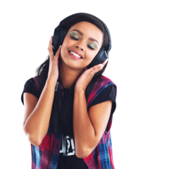 Headphones, cool or happy woman listening to music, podcast or radio audio on subscription. Makeup, fashion style or female person streaming song or calm sound isolated on transparent png background