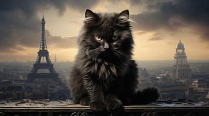 Un chat noir observe la ville endormie, ses yeux brillant dans l'obscurité. Il connaît tous ses secrets, mais garde les siens bien cachés. - obrazy, fototapety, plakaty