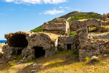 Ruins of ancient city Anemurium, necropolis. Very interesting historical place in Anamur, Mersin, Turkey