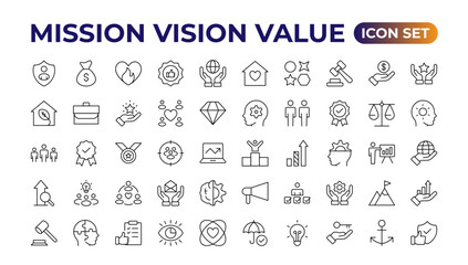 mission, vision & value icon set. Outline illustration of icons. Core values line icons. Integrity. Vision, Social Responsibility, Commitment, Personal Growth, Innovation, Family, and Problem-Solving. - obrazy, fototapety, plakaty