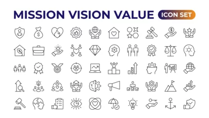 Foto op Plexiglas mission, vision & value icon set. Outline illustration of icons. Core values line icons. Integrity. Vision, Social Responsibility, Commitment, Personal Growth, Innovation, Family, and Problem-Solving. © artnazu