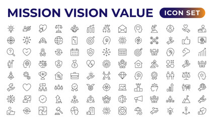 mission, vision & value icon set. Outline illustration of icons. Core values line icons. Integrity. Vision, Social Responsibility, Commitment, Personal Growth, Innovation, Family, and Problem-Solving.