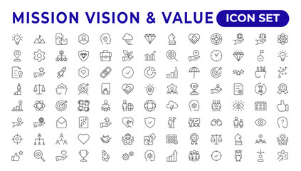 Mission, vision & value icon set. Outline illustration of icons. Core values line icons. Integrity. Vision, Social Responsibility, Commitment, Personal Growth, Innovation, Family, and Problem-Solving.