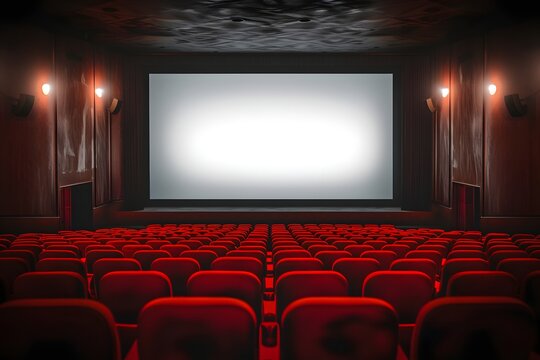 Cinema hall with red seats and white screen. Empty movie theatre interior
