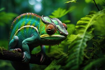 Fototapeta premium A chameleon blending into a lush green jungle, Chameleon blending into rocky jungle landscape, Ai Generated