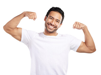 Man, muscle and champion in portrait, flexing biceps for fitness and strong isolated on png transparent background. Asian winner, pride and fist, workout and testosterone for competition with power