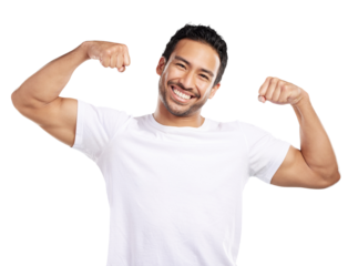 Man, muscle and champion in portrait, flexing biceps for fitness and strong isolated on png transparent background. Asian winner, pride and fist, workout and testosterone for competition with power