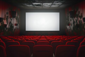Cinema hall with red seats and white screen. Empty movie theatre interior
