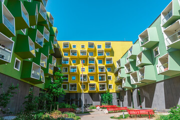 yellow and green modern apartment building in Copenhagen, Denmark