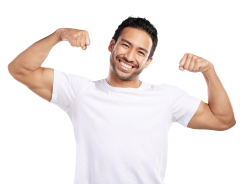Man, muscle and champion in portrait, flexing biceps for fitness and strong isolated on png transparent background. Asian winner, pride and fist, workout and testosterone for competition with power - Powered by Adobe